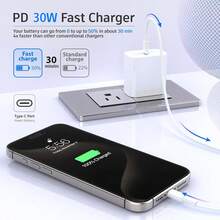 Ensemble d'adaptateur de charge rapide 30W - Comprend un adaptateur de charge rapide 30W + un câble de charge rapide étendu de 6,6 pi/200 cm, prend en charge la synchronisation de données haute vitesse, compatible avec iPhone 14/13/12/11 Pro/Plus/XS/XR/8/7/9 et séries, convient pour les voyages, le bureau, le dortoir, la maison et une utilisation dans plusieurs scénarios - Voir 4