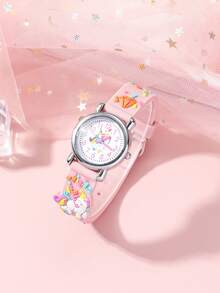 6pcs/Set Teen's High-Quality Arabic Numeral Dial Unicorn 3D Print Band Silicone Quartz Watch + Horse Bracelet Suit, Suitable For Birthday, Halloween, Christmas, Back To School Gifts - Pink - View 3