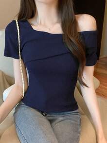 女士露肩短袖T恤，独特设计夏季休闲上衣 - 藏蓝色 - 查看 2
