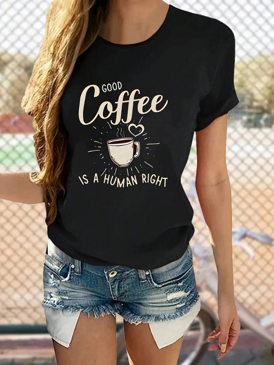 Women's "Good Coffee Is A Human Right" Graphic T-Shirt -% Cotton Relaxed Fit Short Sleeve Tee With Coffee Cup & Heart Design, Soft Breathable Black Casual Summer Top, Machine Washable Coffee Lover Gift, Coffee Gifts, Weekend Attire, Statement Shirt, Lightweight Shirt, Printed Shirt, Gift Shoppers, Casual Attire, Fun Design, Durable Shirt, Gift BuyersCasual Round Neck Printed T-Shirt 100% Cotton Round Neck Casual T-Shirt-365T - 黑色 - 查看 1