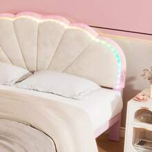 Upholstered Bed 140x200 Cm, Children's And Youth Bed, Velvet Cover, Wavy Headboard, Upholstered Round Legs, Wooden Slatted Frame, Beige + Pink, Mattress Not Included - 查看 5