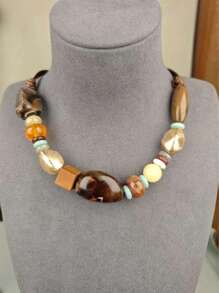 1pc Bohemian Style Turquoise Leopard Print Necklace With Inlaid Wooden Beads And Asymmetrical Colored Stones, Fashionable Exaggerated Necklace For Women, Suitable For Daily Wear, Banquet And Vacation