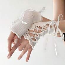 1 Pair Y2K Style Lace Strap Decor Short Solid Color Open Finger Rolled Edge Wrist Sleeve - Multicolor - View 6