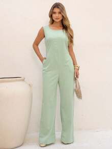 Elegant Linen Pantaloon Jumpsuit Wide Legs And Discreet Pockets - Water Green - View 1