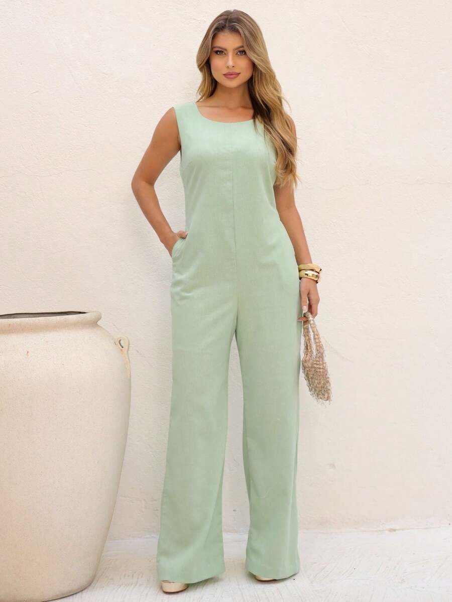 Elegant Linen Pantaloon Jumpsuit Wide Legs And Discreet Pockets - Water Green - View 1