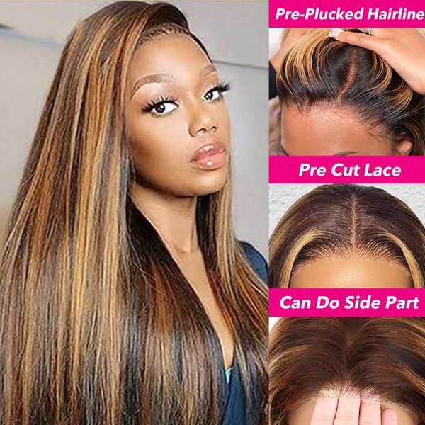 Highlight Lace Front Wig Human Hair 6x5 Straight Wig Honey Blonde Ombre Color Human Hair Wigs For Black Women 180% Density Pre Plucked With Baby Hair (22 Inch)