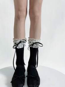 1 par de calcetines cortos de mujer con decoración de cinta estilo japonés lindo