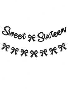 1 pièce Drapeau à tirer pour anniversaire Sweet Sixteen, bannière d'anniversaire Noire/Rose/Or rose/Or/Violette/Bordeaux avec nœud, décoration de fête d'anniversaire Sweet 16 pour fille/femme
