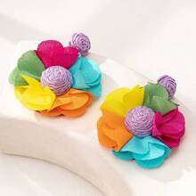 1 Paar raffia geflochten große Blumen Ohrringe, bunter Boho-Stil weiße Quasten Accessoires für Party, Reise, Strand