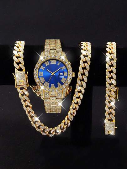 3pcs/Set Boys' Street Style Necklace, Bracelet & Quartz Watch With Calendar, Suitable For Holiday, Back To School Season, No Box