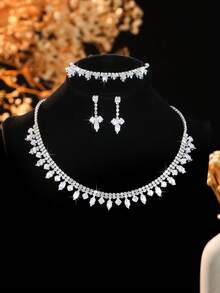 4 件奢华锆石几何项链、耳环和手链套装 - 适合女性日常通勤、校园约会、婚礼派对、情人节节日礼物 - 精緻百搭項鍊套裝 - 查看 12