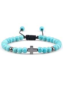 Handmade Woven Bracelet With Turquoise Cross Beads, Men Sports Accessory, European & American Import Jewelry