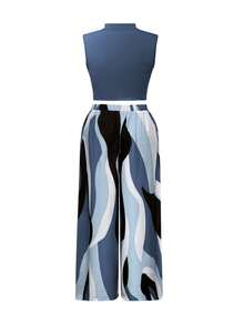 Commute/Date Night Elegant Set: Elastic Knit Sleeveless Mock Neck Cropped Top + Flowing Wide Leg Pants With Geometric Pattern & Side Pockets, Suitable For Outings - Navy Blue - View 5