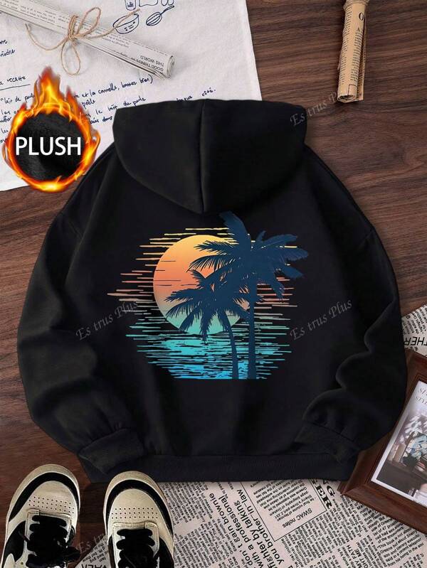 Plus Size Women's Autumn And Winter Fun Holiday Style "Colorful Sea Sunset Scenery" Pattern Print New Hooded Sweatshirt, Retro Street All-Match Commuter Hooded Sweatshirt, Suitable For Outdoor Leisure, Regular Niche Simple Fashion Casual Loose Large Size Hooded Sweatshirt