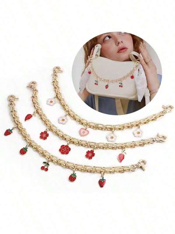 1 pièce Sac de décoration de chaîne métallique avec pendentif en forme de feuille, fraise, fleur pour étui de téléphone portable et écouteurs