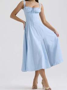 Women's Simple Casual Style Strap Dress With Ruched Neckline - Baby Blue - View 1