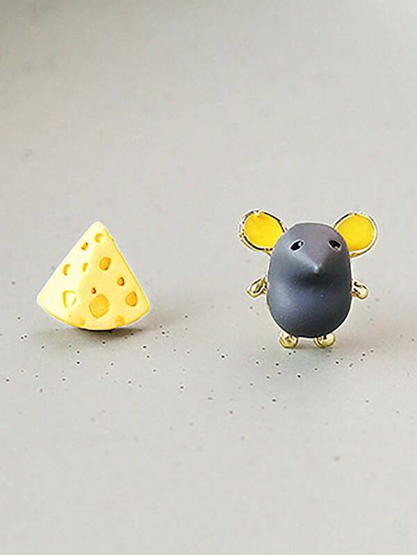 1 Pair Asymmetric Cartoon Yellow Mouse Cheese Stud Earrings, Interesting Gift