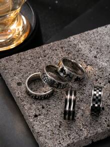 5 pièces Set d'anneaux pour hommes en acier inoxydable argent de style punk, motifs échiquier, rose, flamme, toile d'araignée, convient pour le port quotidien ou en cadeau