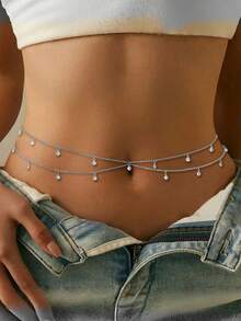 1 Pieza Cadena para el Body con colgante de cristal de doble capa sexy para mujer - Cadena de cintura con colgante de diamantes de imitación de doble capa W - Ver 3