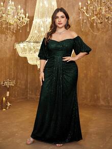 UNITHORSE 大码女式露肩露背亮片紧身派对礼服，优雅晚礼服，婚纱，生日礼服，毕业礼服，正式礼服，秋季服装 - 墨綠色 - 查看 2