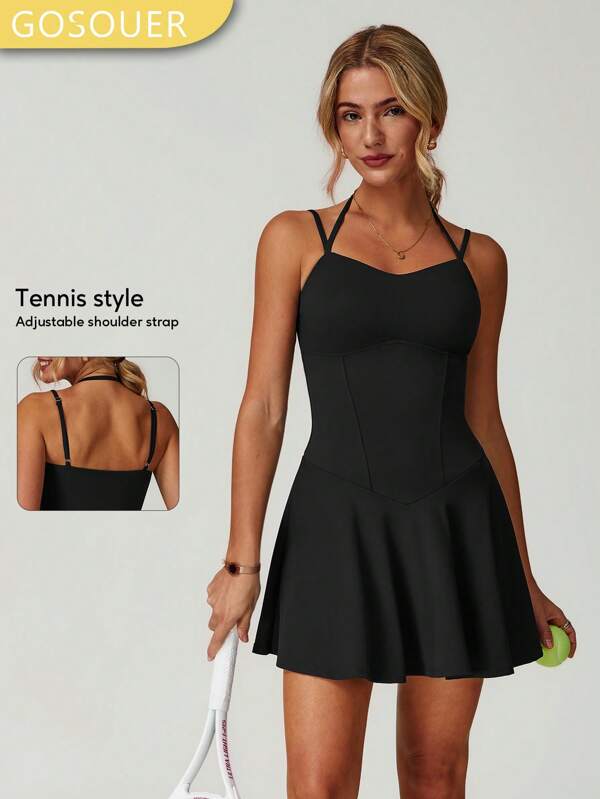 GOSOUER 1 Piece Women's Halter Neck Suspender Slim Fit Dance Sports Fitness Tennis Skirt Dress