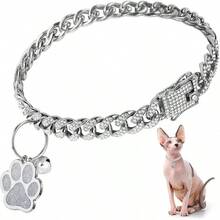 Collar de gato con diamantes, collar cubano con purpurina, metal para caminar con hebilla segura, collar de gato y mascota con eslabones de pata, accesorios de joyería con campana de identificación para gatos pequeños (dorado, 10 pulgadas) - dorado - Ver 10