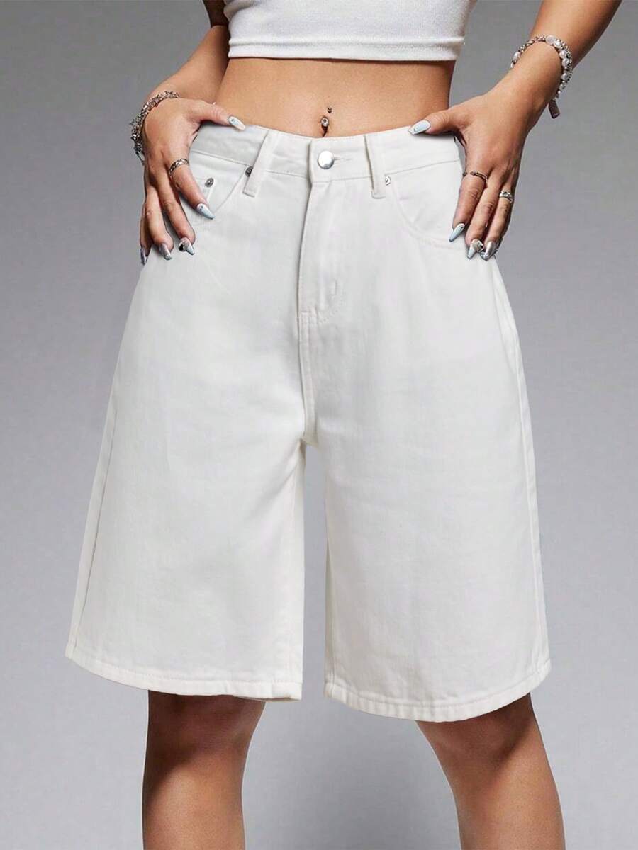 Women Jorts Baggy Jeans Jorts Outfits Mid-Low Waisted Denim Y2K Shorts Summer Hot Short Pants Streetwear - 白色 - 查看 1