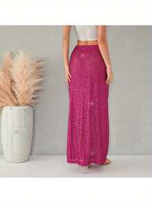 Women's Sequins Long Skirts Low Waist Party Skirts Spring Summer Fashion Casual Skirts Streetwear - 玫紅色 - 查看 2