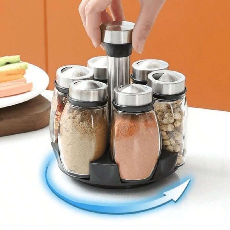 Especiero 6 Piezas Giratorio 360° Tipo Salero Organizador Para Condimentos Especias Sal Pimenterio Ahorrador De Espacio En Cocina Recipientes Vidrio Multiusos 6 Frascos Moderno Ideal Para Centro De Mesa - W3755 - Especiero 6 360 - Negro - Ver 1