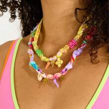 1pc Beach Vacation Leisure Style Colorful Ribbon Marine Life Tropical Flowers Palm Tree Shell Star Pendant Women's Necklace, Electroplated 18K Gold Waterproof And Sweat Proof, Suitable For Daily Wear And Use, Women's Jewelry, Women's Accessories, Suitable For Giving To Wives, Mothers, Girlfriends
