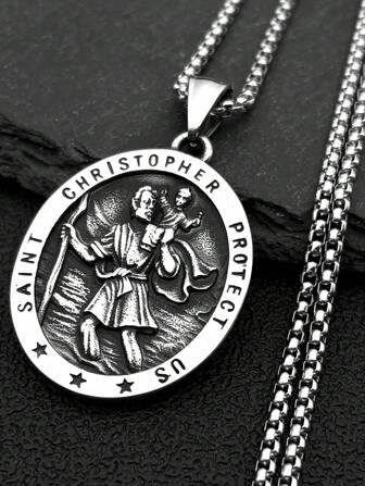 Saint Christopher Protect Us Cross Medal Necklace Stainless Steel Archangel Saints Protection Amulet Necklaces Jewelry