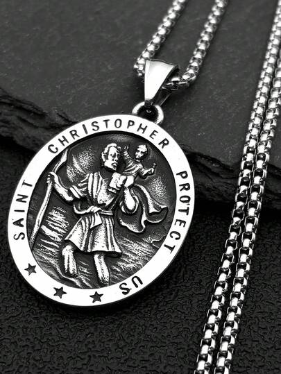 Saint Christopher Protect Us Cross Medal Necklace Stainless Steel Archangel Saints Protection Amulet Necklaces Jewelry