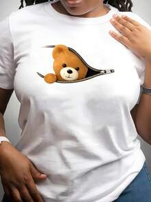 Spring Tops Women's Cute Bear Pattern Zipper T-Shirt - 180g Milk Yarn, Medium Stretch Casual Short Sleeve Round Neck Top Spring Summer Autumn Loose And Comfortable Summer - Màu xanh lam - Xem 8