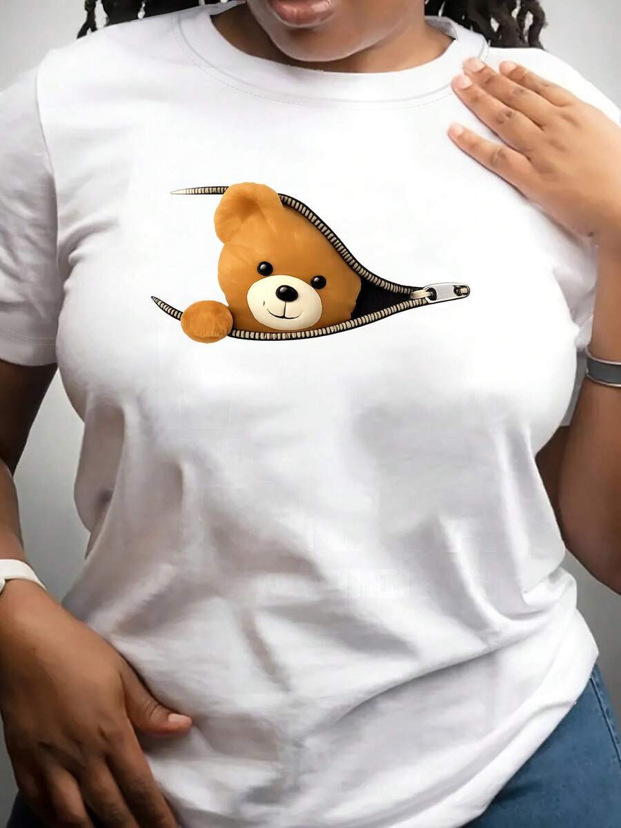 Spring Tops Women's Cute Bear Pattern Zipper T-Shirt - 180g Milk Yarn, Medium Stretch Casual Short Sleeve Round Neck Top Spring Summer Autumn Loose And Comfortable Summer - 白色 - 查看 1