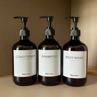 3个可重复灌装的洗发水、护发素、沐浴露分配瓶，带按压泵，浴室乳液分配容器，带防水标签，500毫升/16.9盎司浴室配件