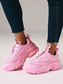 Women's Breathable Flat Sneakers Fashion Chunky Lace-Up Casual Comfortable Platform Sneakers Workout Sport Running Walking Tennis Shoes - 粉色 - 查看 7