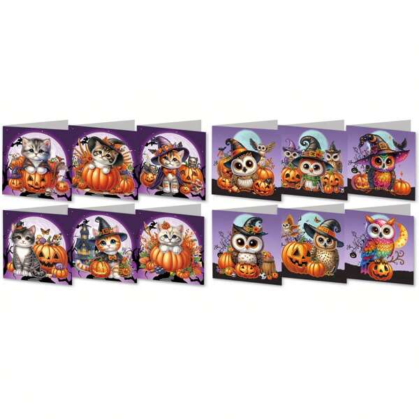 1pc/2pcs DIY Diamond Painting Card Kit, Halloween Pumpkin, Cat, Owl Pattern Design, Diamond Art Mosaic Postcard, Holiday Card For Thanksgiving, Birthday, Christmas, Halloween To Express Warm Blessings And Best Wishes, Suitable For Home, Friends, Lover Party Invitation, Handcraft Gift Set, Diamond Painting Kit With Envelope