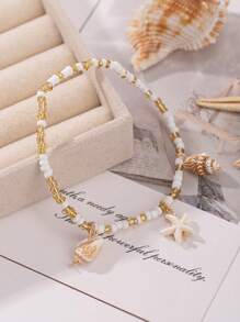 Conjunto de 3 peças de tornozeleiras femininas com pingentes simples de concha e estrela do mar, joias minimalistas estilo praia para uso diário e viagens (concha, estrela do mar, concha, cor aleatória)