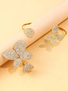 1 Set Boho Floral Open Ring Bangle Bracelet Set For Women, Minimalist Crystal Flower Bride Wedding Jewelry Accessories