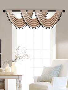1 件轻质仿亚麻面料短窗帘，带流苏和镂空边框，现代简约风格，米色和黑色