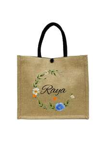 2pcs/Set Customized Name With Floral And Leaves Wreath Pattern Tote Bag And Makeup Pouch Set, Women's Linen Large Capacity Handbag, Shopping Bag, Portable Casual Storage Handbag, Suitable For Daily Travel, Beach Vacation, Large Capacity Shopping Bag, Very Suitable For School, Birthdays, University, Work, Business, Commuting, Outdoor, Travel, Outdoor, Vacation,Back To School Supplies - Khaki - View 11