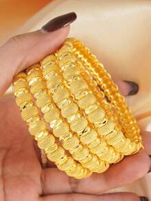 1pc 24K Gold-Plated Style Women Fashion Open Bangle Bracelet, Dubai Saudi Arabia Mother's Day Jewelry, Luxury Bridal Accessory - Gold - View 10