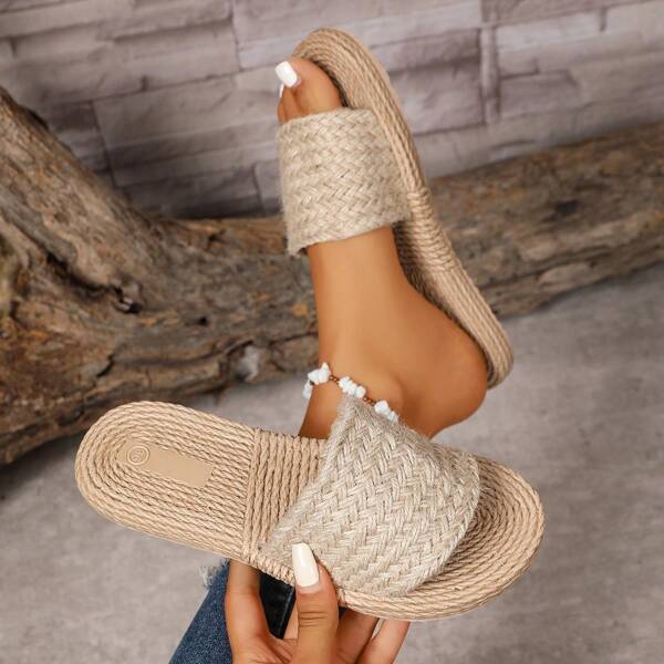 1 paar geweven platte pantoffels, strandsandalen, veelzijdig, gepersonaliseerd, duurzaam, comfortabel en elegant, casual vakantie, minimalistisch, geschikt voor lente, zomer, herfst, kantoor en buiten