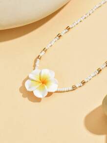 1 pieza Collar de cerámica con flor de estilo vacacional de playa, collar de gargantilla hecho a mano con cuentas estilo bohemio