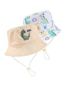 1pc Kids Reversible Dinosaur Print Bucket Hat, Unisex Daily Outdoor Sun Ion Bucket Hat - Beige - View 12