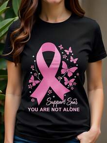 Camiseta negra de 180g con estampado mariposas y lazo rosa de apoyo con mensaje de concienciación cáncer de mama soporte no estás sola cuello redondo algodón de alta calidad mujer moda casual  2023 camiseta solidaria manga corta - Negro - Ver 1