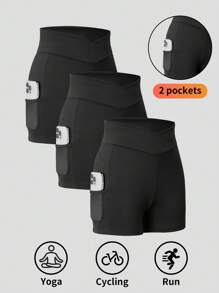 3pcs Teen Girls' Solid Color Elastic Waist Pocket Shorts, Suitable For Cycling, Running, Sports, Back To School (YY898)