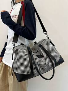 时尚拼色大容量托特包，休闲单肩斜跨包短途旅行健身运动包复古旅行手提包女士学校包学校配件学校用品旅行必需品假日行李袋行李箱旅行包女士 - 黑色 - 查看 4