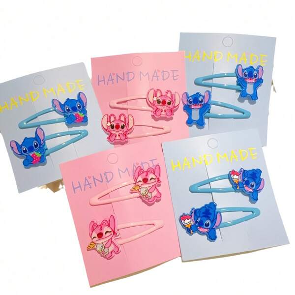 Disney 2pcs Disney Stitch & Angel Cartoon Hair Clips, Cute Bangs/Baby Hair Clips For Girls, Great Gift For Daughters