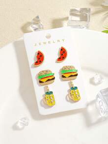 2 件/4 件/6 件可爱水钻汉堡和薯条耳钉，时尚仿制食物耳环汉堡、薯条、爆米花、冰淇淋、西瓜、火锅，适合休闲、派对穿着或礼物 - 彩色 - 查看 17